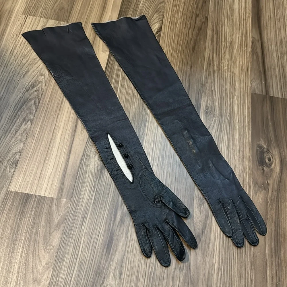 Antique Leather Soft Genuine Black Long Opera Evening Petite Chic Gloves Italy 7 - Picture 6 of 15